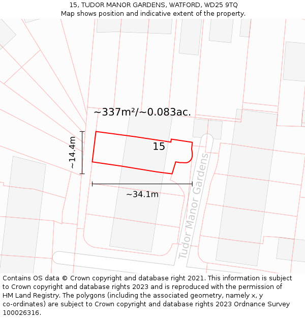 15, TUDOR MANOR GARDENS, WATFORD, WD25 9TQ: Plot and title map