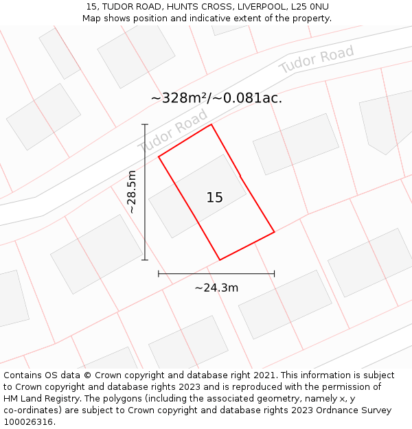 15, TUDOR ROAD, HUNTS CROSS, LIVERPOOL, L25 0NU: Plot and title map