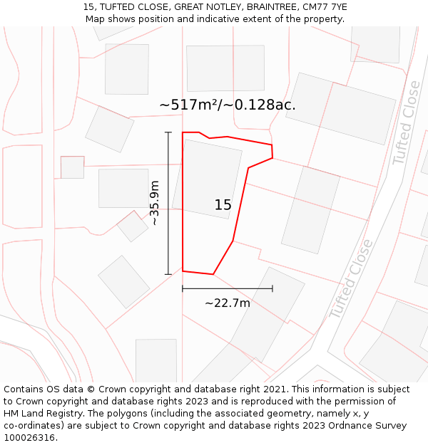 15, TUFTED CLOSE, GREAT NOTLEY, BRAINTREE, CM77 7YE: Plot and title map