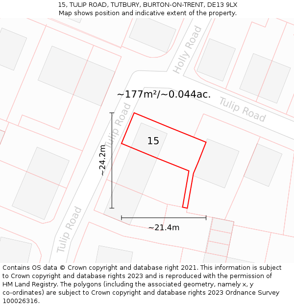 15, TULIP ROAD, TUTBURY, BURTON-ON-TRENT, DE13 9LX: Plot and title map