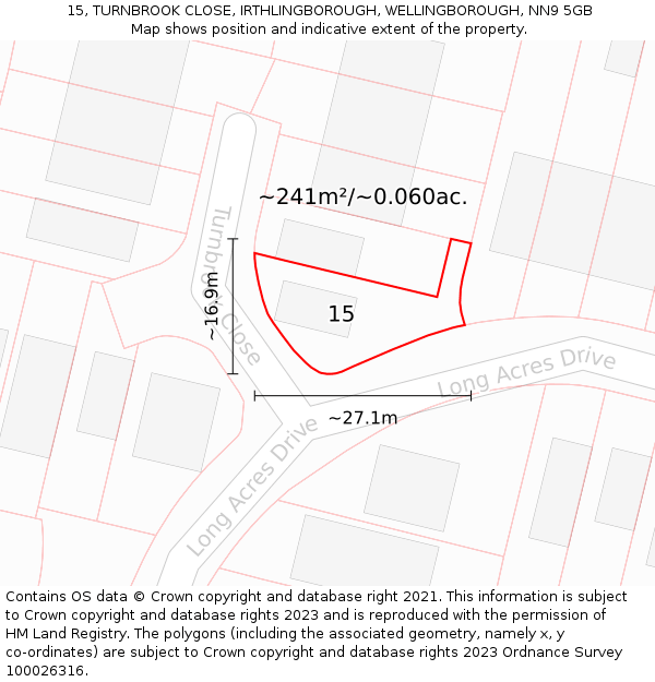 15, TURNBROOK CLOSE, IRTHLINGBOROUGH, WELLINGBOROUGH, NN9 5GB: Plot and title map