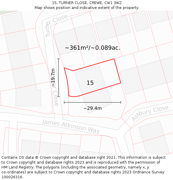 15, TURNER CLOSE, CREWE, CW1 3WZ: Plot and title map