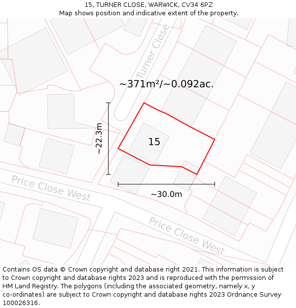 15, TURNER CLOSE, WARWICK, CV34 6PZ: Plot and title map