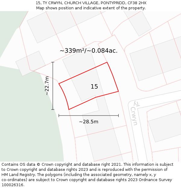 15, TY CRWYN, CHURCH VILLAGE, PONTYPRIDD, CF38 2HX: Plot and title map