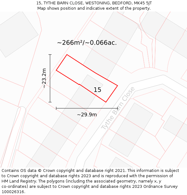 15, TYTHE BARN CLOSE, WESTONING, BEDFORD, MK45 5JT: Plot and title map