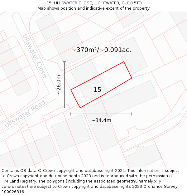 15, ULLSWATER CLOSE, LIGHTWATER, GU18 5TD: Plot and title map