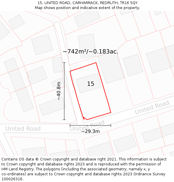 15, UNITED ROAD, CARHARRACK, REDRUTH, TR16 5QY: Plot and title map