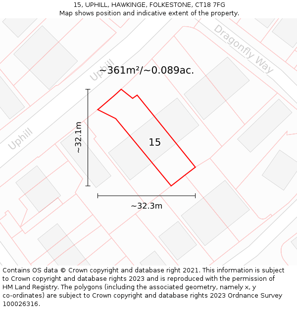 15, UPHILL, HAWKINGE, FOLKESTONE, CT18 7FG: Plot and title map