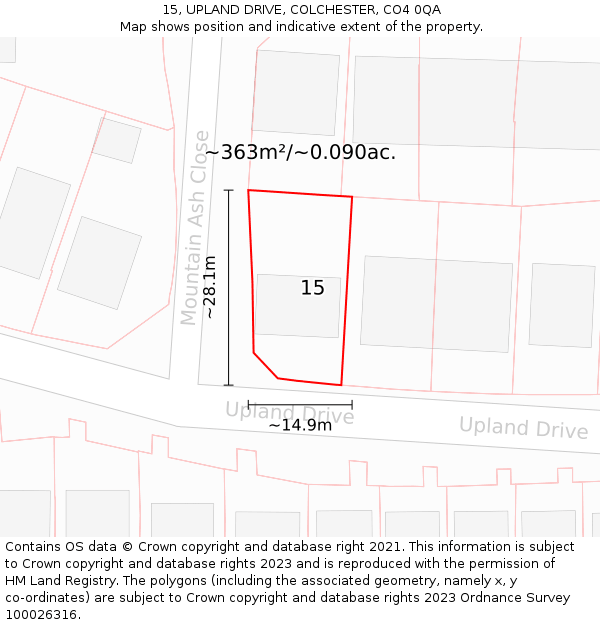 15, UPLAND DRIVE, COLCHESTER, CO4 0QA: Plot and title map