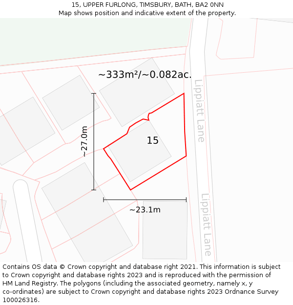 15, UPPER FURLONG, TIMSBURY, BATH, BA2 0NN: Plot and title map