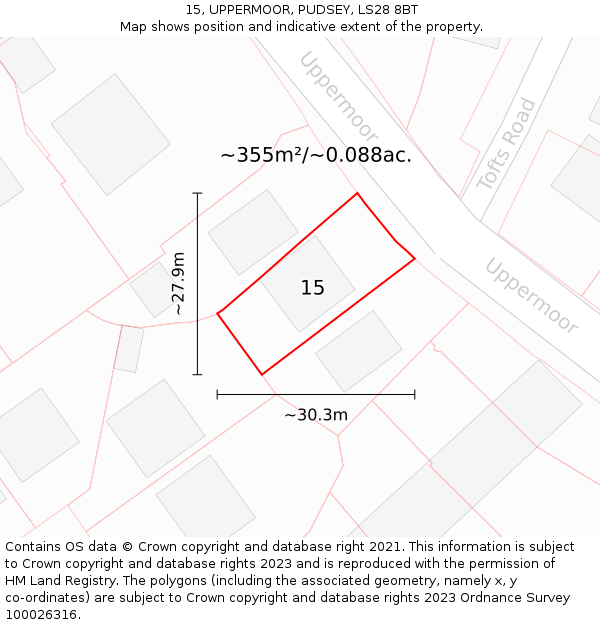 15, UPPERMOOR, PUDSEY, LS28 8BT: Plot and title map