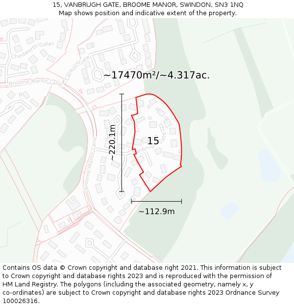 15, VANBRUGH GATE, BROOME MANOR, SWINDON, SN3 1NQ: Plot and title map