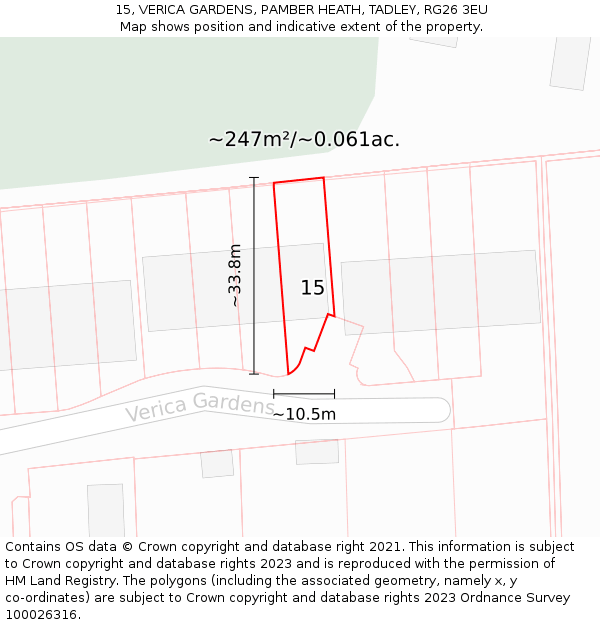 15, VERICA GARDENS, PAMBER HEATH, TADLEY, RG26 3EU: Plot and title map