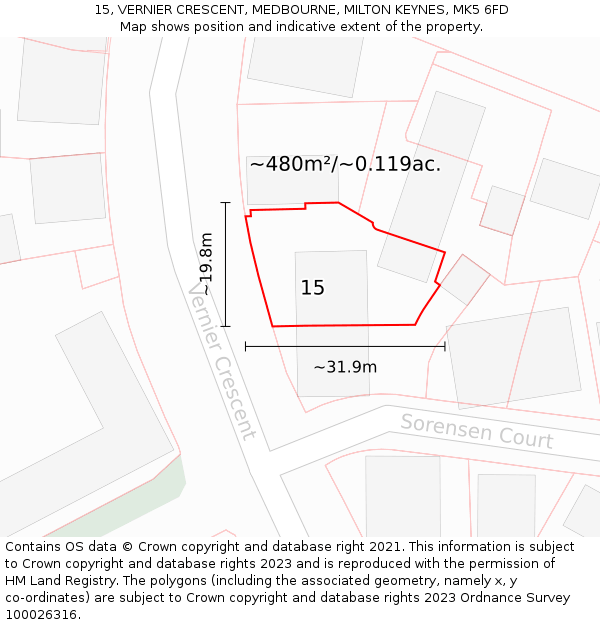 15, VERNIER CRESCENT, MEDBOURNE, MILTON KEYNES, MK5 6FD: Plot and title map