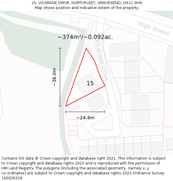 15, VICARAGE DRIVE, NORTHFLEET, GRAVESEND, DA11 9HA: Plot and title map