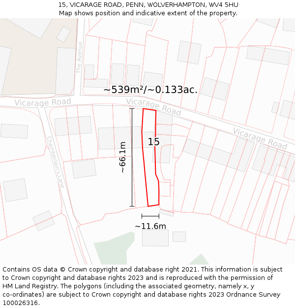 15, VICARAGE ROAD, PENN, WOLVERHAMPTON, WV4 5HU: Plot and title map