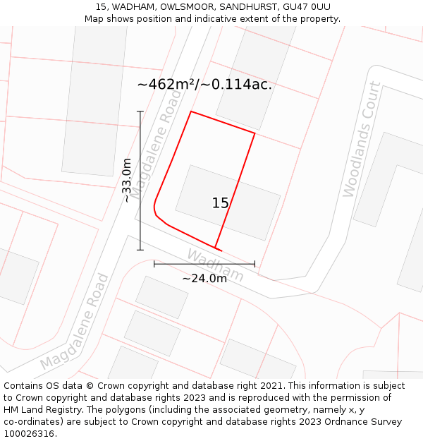 15, WADHAM, OWLSMOOR, SANDHURST, GU47 0UU: Plot and title map