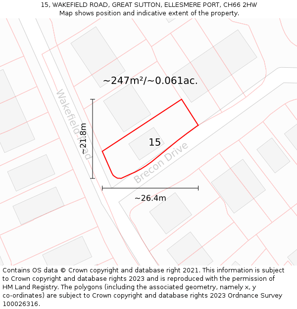 15, WAKEFIELD ROAD, GREAT SUTTON, ELLESMERE PORT, CH66 2HW: Plot and title map