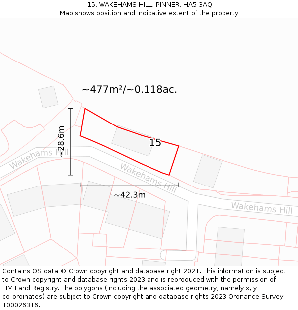 15, WAKEHAMS HILL, PINNER, HA5 3AQ: Plot and title map