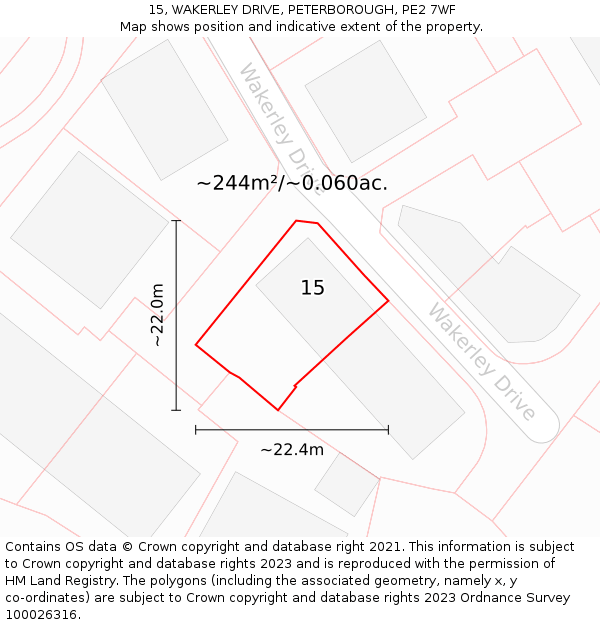 15, WAKERLEY DRIVE, PETERBOROUGH, PE2 7WF: Plot and title map