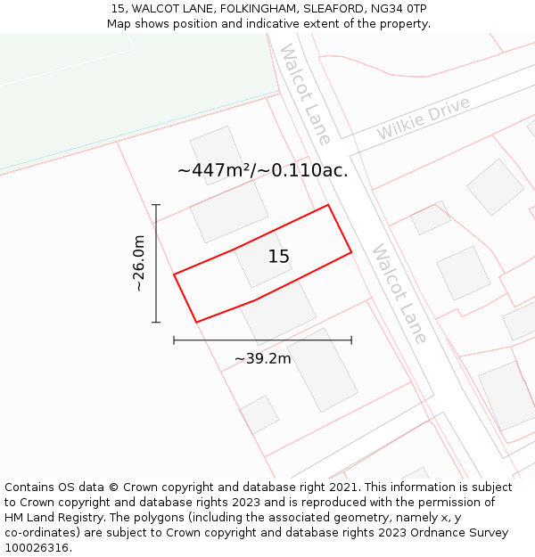 15, WALCOT LANE, FOLKINGHAM, SLEAFORD, NG34 0TP: Plot and title map