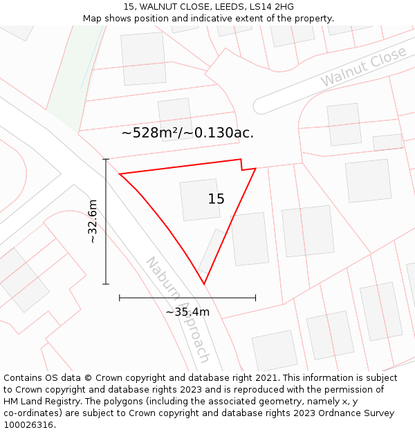 15, WALNUT CLOSE, LEEDS, LS14 2HG: Plot and title map