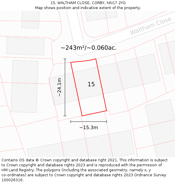 15, WALTHAM CLOSE, CORBY, NN17 2YG: Plot and title map