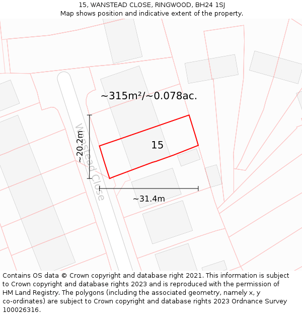 15, WANSTEAD CLOSE, RINGWOOD, BH24 1SJ: Plot and title map