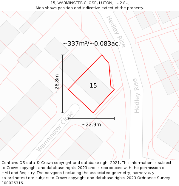 15, WARMINSTER CLOSE, LUTON, LU2 8UJ: Plot and title map