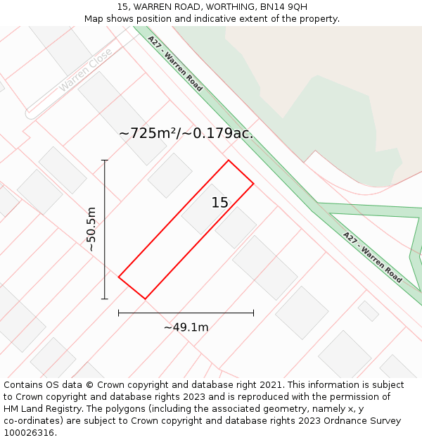 15, WARREN ROAD, WORTHING, BN14 9QH: Plot and title map