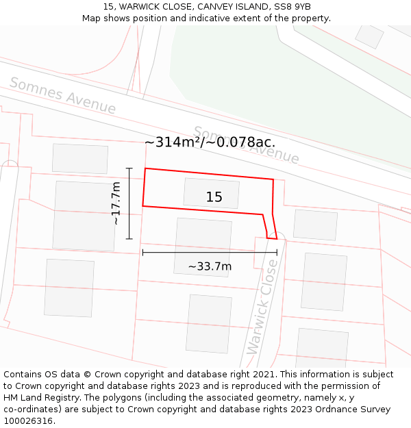 15, WARWICK CLOSE, CANVEY ISLAND, SS8 9YB: Plot and title map