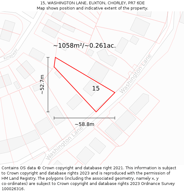 15, WASHINGTON LANE, EUXTON, CHORLEY, PR7 6DE: Plot and title map