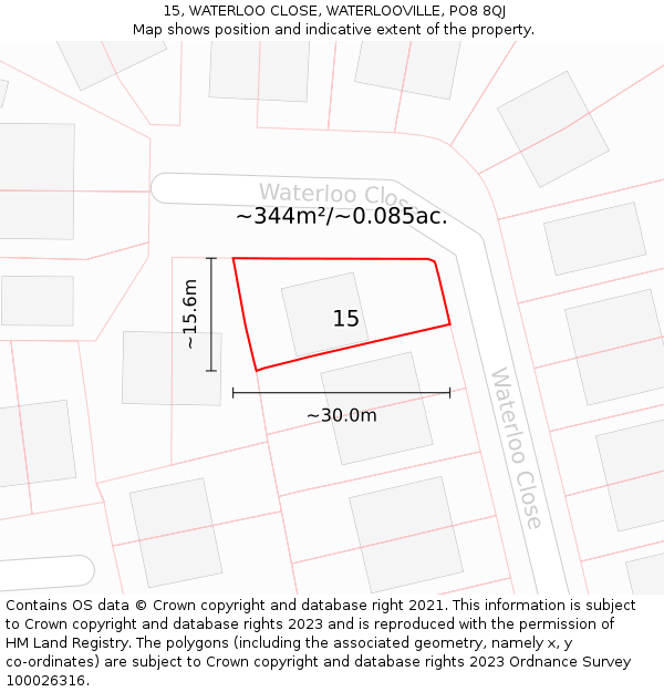 15, WATERLOO CLOSE, WATERLOOVILLE, PO8 8QJ: Plot and title map