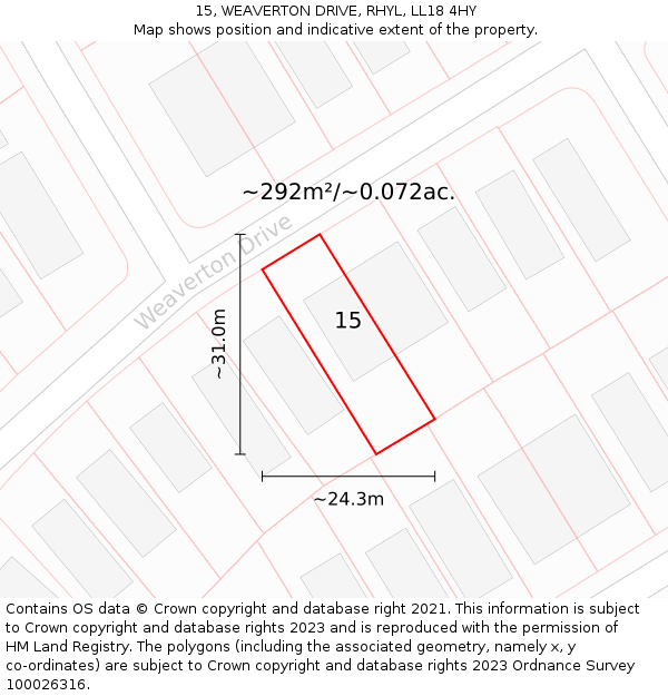 15, WEAVERTON DRIVE, RHYL, LL18 4HY: Plot and title map