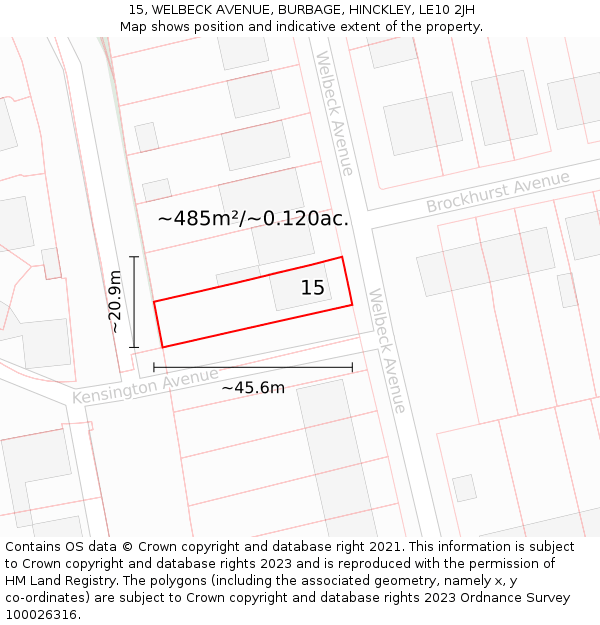 15, WELBECK AVENUE, BURBAGE, HINCKLEY, LE10 2JH: Plot and title map