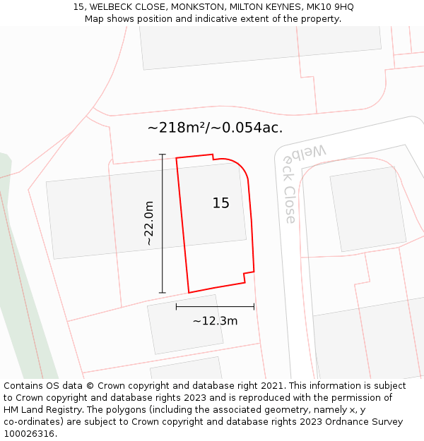 15, WELBECK CLOSE, MONKSTON, MILTON KEYNES, MK10 9HQ: Plot and title map