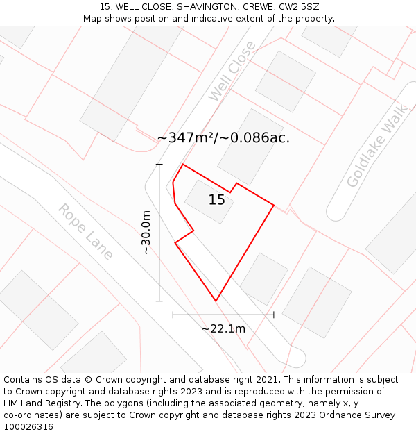 15, WELL CLOSE, SHAVINGTON, CREWE, CW2 5SZ: Plot and title map