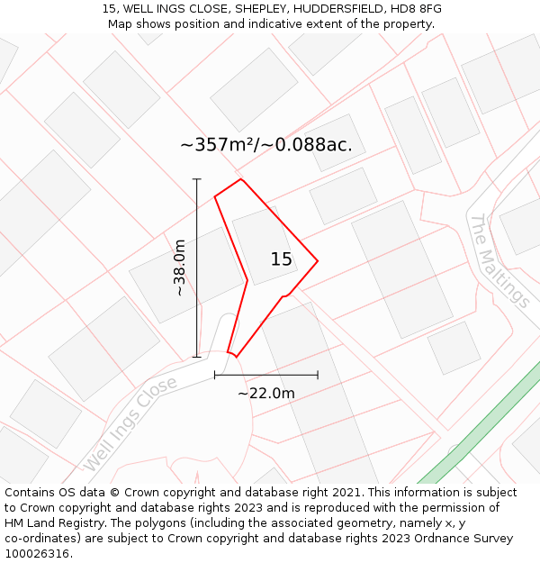 15, WELL INGS CLOSE, SHEPLEY, HUDDERSFIELD, HD8 8FG: Plot and title map