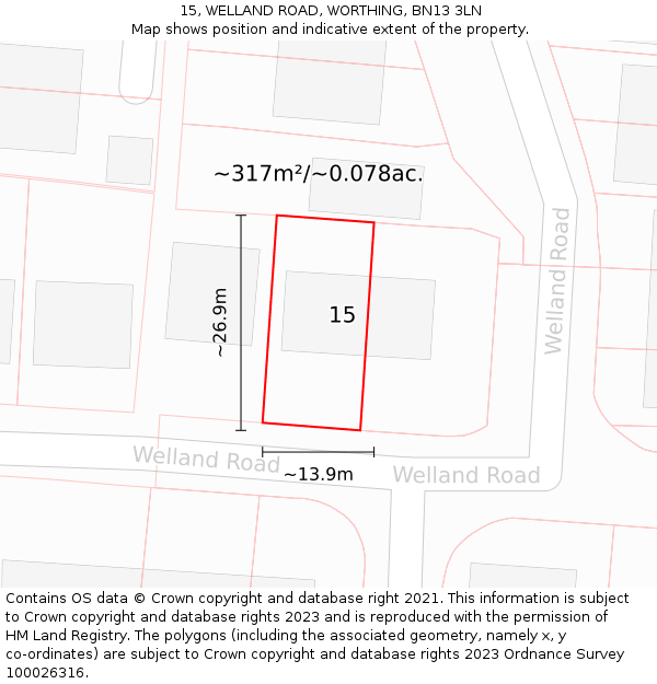 15, WELLAND ROAD, WORTHING, BN13 3LN: Plot and title map