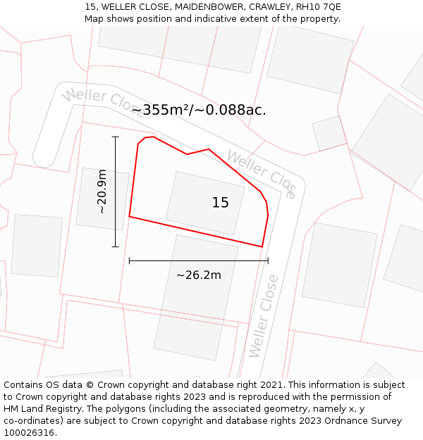 15, WELLER CLOSE, MAIDENBOWER, CRAWLEY, RH10 7QE: Plot and title map