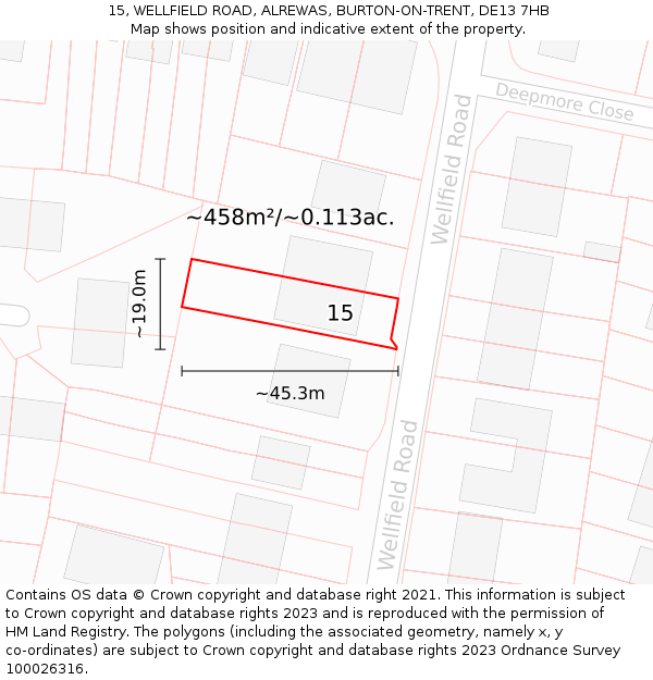 15, WELLFIELD ROAD, ALREWAS, BURTON-ON-TRENT, DE13 7HB: Plot and title map