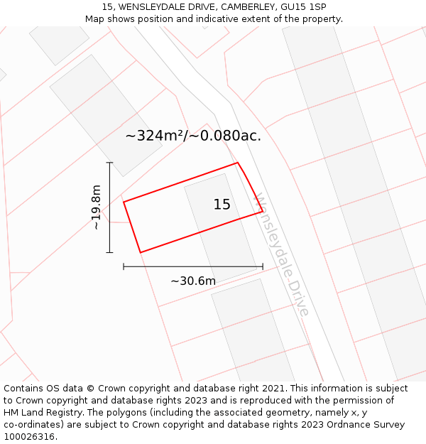 15, WENSLEYDALE DRIVE, CAMBERLEY, GU15 1SP: Plot and title map