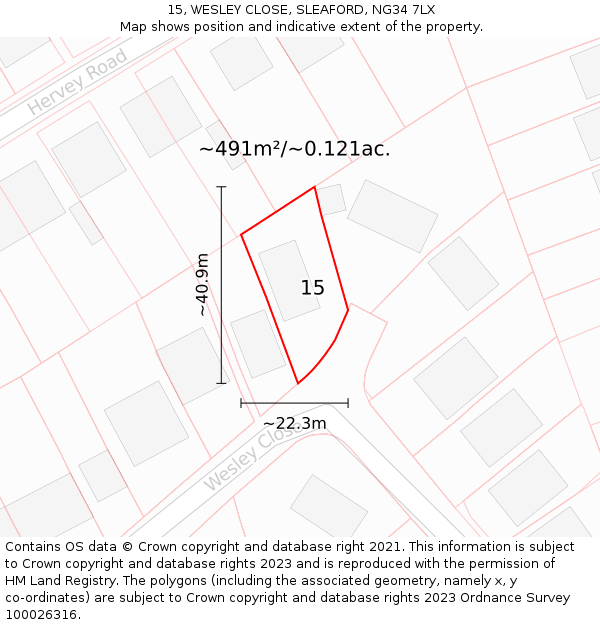 15, WESLEY CLOSE, SLEAFORD, NG34 7LX: Plot and title map
