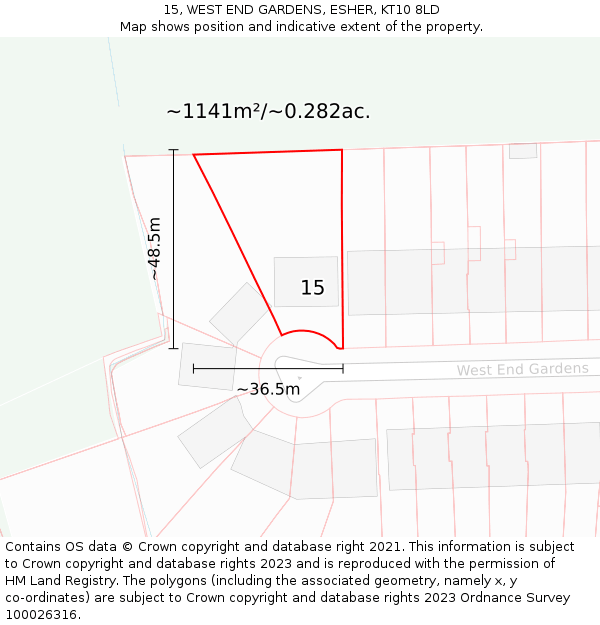 15, WEST END GARDENS, ESHER, KT10 8LD: Plot and title map