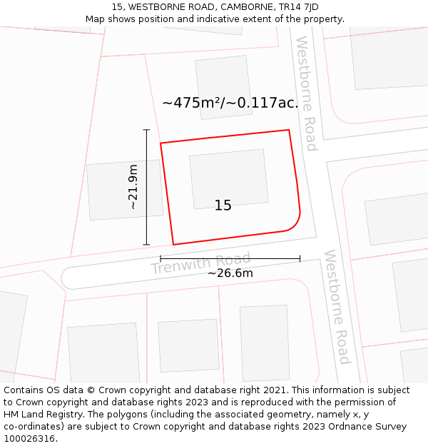 15, WESTBORNE ROAD, CAMBORNE, TR14 7JD: Plot and title map