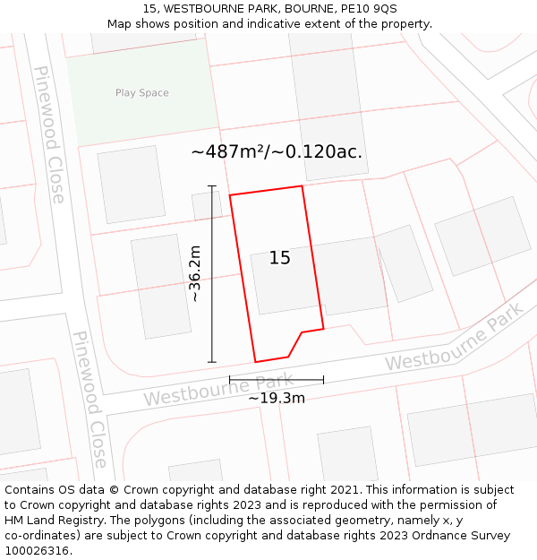 15, WESTBOURNE PARK, BOURNE, PE10 9QS: Plot and title map