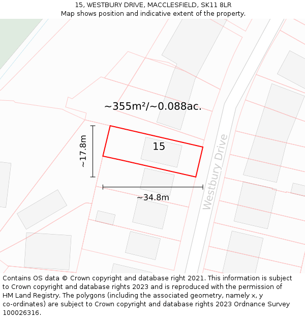 15, WESTBURY DRIVE, MACCLESFIELD, SK11 8LR: Plot and title map