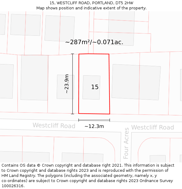 15, WESTCLIFF ROAD, PORTLAND, DT5 2HW: Plot and title map