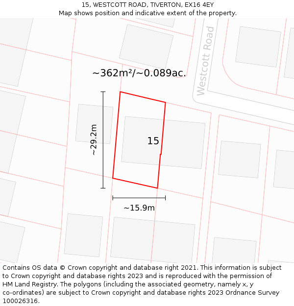 15, WESTCOTT ROAD, TIVERTON, EX16 4EY: Plot and title map