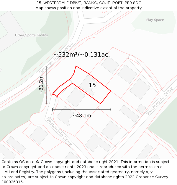 15, WESTERDALE DRIVE, BANKS, SOUTHPORT, PR9 8DG: Plot and title map